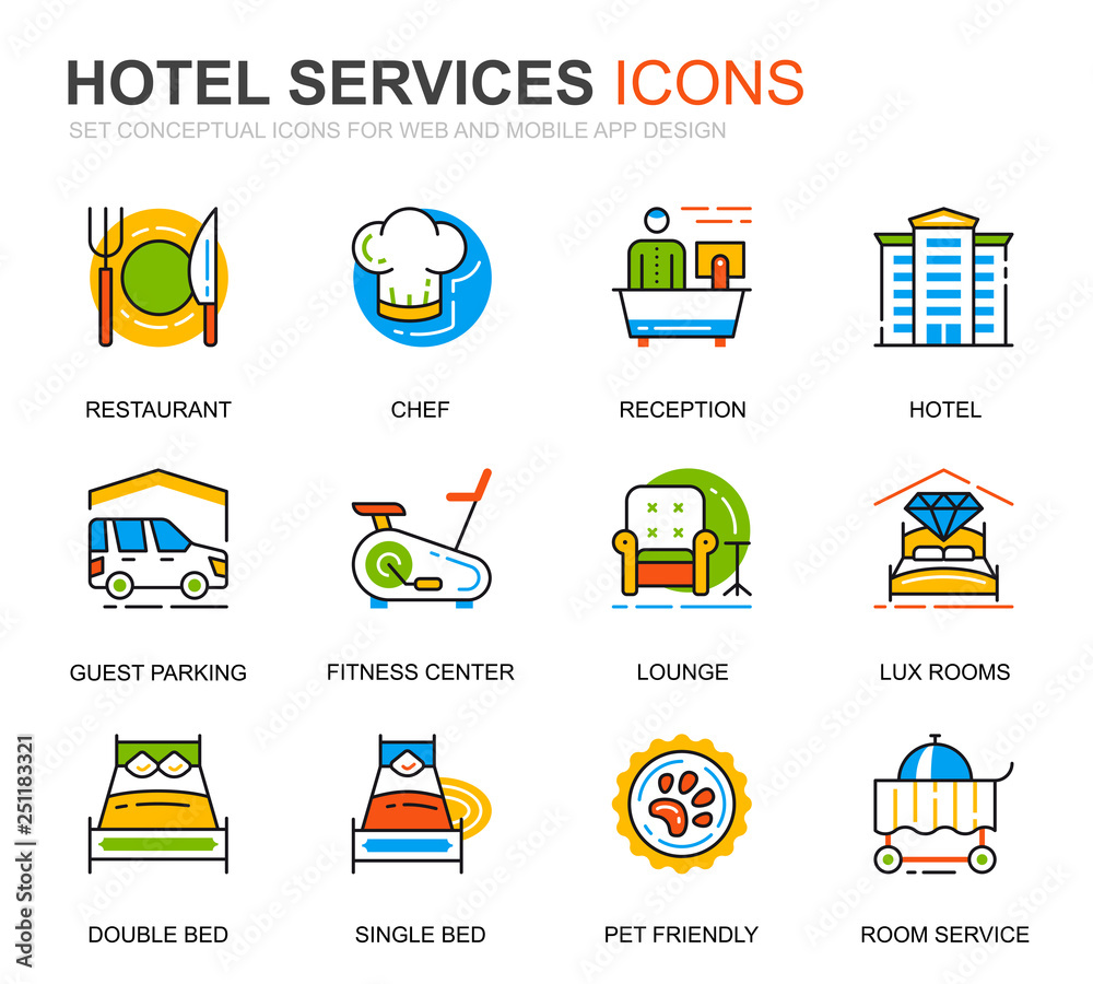 Poster Simple Set Hotel Service Line Icons for Website and Mobile Apps. Contains such Icons as Restaurant, Room Services, Reception. Conceptual color line icon. Vector pictogram pack.