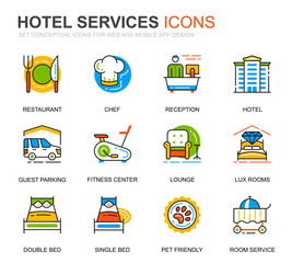 Obraz premium Simple Set Hotel Service Line Icons for Website and Mobile Apps. Contains such Icons as Restaurant, Room Services, Reception. Conceptual color line icon. Vector pictogram pack.