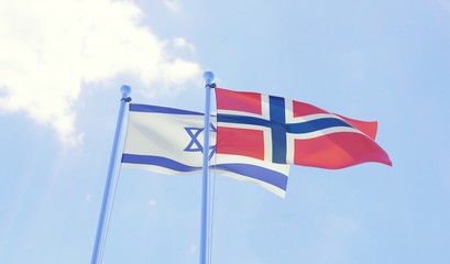 Israel and Norway, two flags waving against blue sky. 3d image