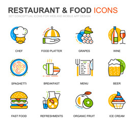 Simple Set Restaurant and Food Line Icons for Website and Mobile Apps. Contains such Icons as Fast Food, Menu, Organic Fruit, Coffee Bar. Conceptual color line icon. Vector pictogram pack.