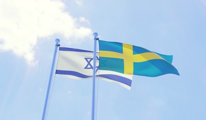 Israel and Sweden, two flags waving against blue sky. 3d image