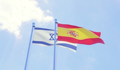 Israel and Spain, two flags waving against blue sky. 3d image