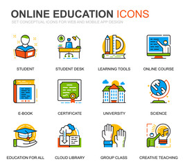 Simple Set Education and Knowledge Line Icons for Website and Mobile Apps. Contains such Icons as Online Course, University, Studying, Book. Conceptual color line icon. Vector pictogram pack.