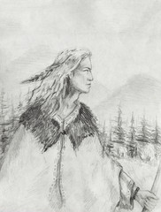 drawing of a young native american warrior in nature.