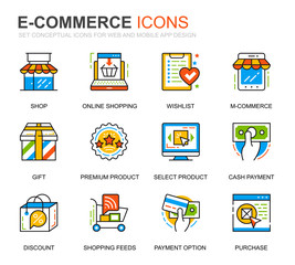 Simple Set E-Commerce and Shopping Line Icons for Website and Mobile Apps. Contains such Icons as Delivery, Payment, Basket, Customer, Shop. Conceptual color line icon. Vector pictogram pack.