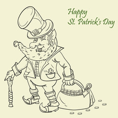 outline illustration coloring on the theme of St. Patricks day celebration, leprechaun with a cane holding a bag of gold coins