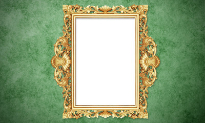 Gold Color Antique Vintage Classic Baroque Stylish Empty Photo Painting Frame in Grunge and Retro Background for Home Interior and Garden Furniture made from Wood and Metal