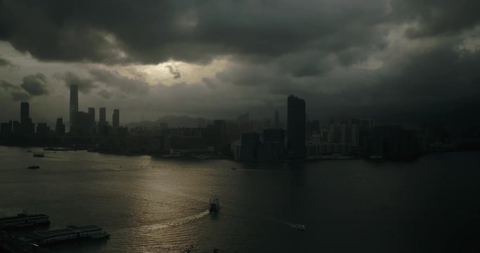 Drone aerial shot of Hong Kong Island sunset with modern skyscraper high-rises. Hong Kong is a popular tourist travel destination in Asia. Kowloon side view. DJI Inspire 2 X7