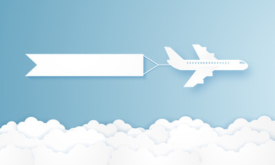 Flying airplane pulling advertising banner , paper art style