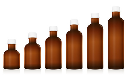 Medicine phials. Set of different pharmaceutical bottles. Unlabeled vials for pills, tablets, capsules, globuli. Brown glass, unlabeled and closed white plastic screw cap. Isolated vector on white.
