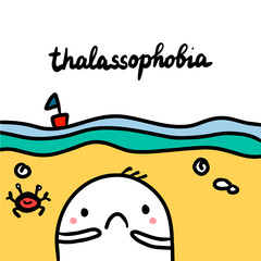 Thalassophobia hand drawn illustration with cute marshmallow on the beach