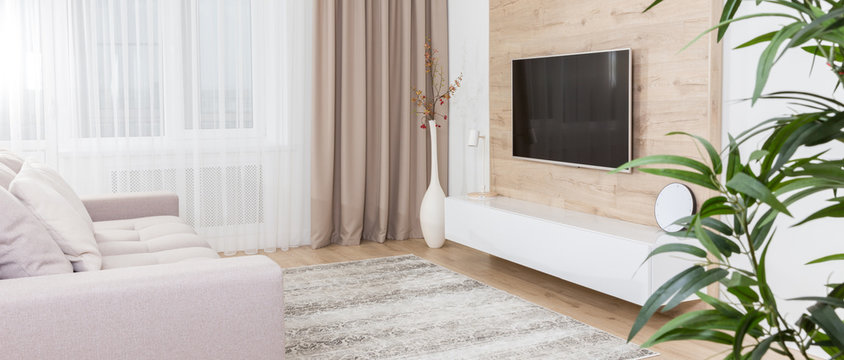 Panoramic Picture Of A Spacious Living Room