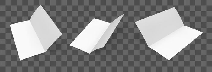 Blank bi fold paper brochure mockup. Flyer design template on transparent background. Vector illustration set.