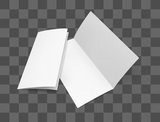 Blank bi fold paper brochure mockup. Flyer design template on transparent background. Vector illustration set.