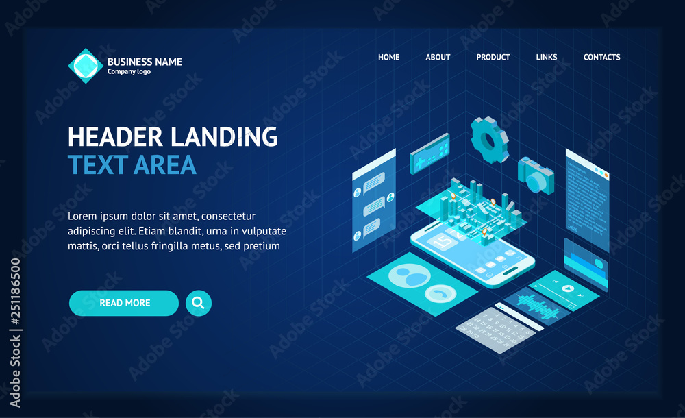 Poster Mobile Phone Concept Landing Web Page Template 3d Isometric View. Vector