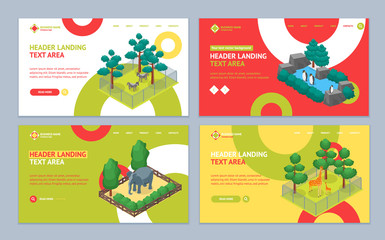Zoo Concept Landing Web Page Template Set 3d Isometric View. Vector - obrazy, fototapety, plakaty