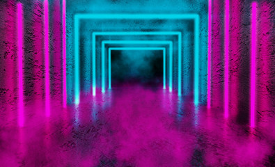 Bright multicolored grunge background of an empty room with concrete walls and floor. Pink and blue neon light, smoke.
