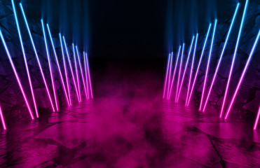 Background of an empty dark room with a concrete floor, multi-colored neon lines, figures. Neon light and colorful smoke