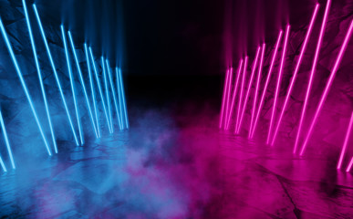 Background of an empty dark room with a concrete floor, multi-colored neon lines, figures. Neon light and colorful smoke