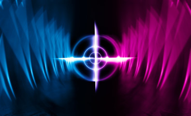 Background of an empty dark room with a concrete floor, multi-colored neon lines, figures. Neon light and colorful smoke