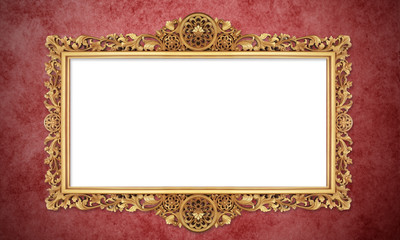 Gold Color Antique Vintage Classic Baroque Stylish Empty Photo Painting Frame in Grunge and Retro Background for Home Interior and Garden Furniture made from Wood and Metal