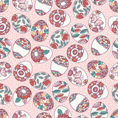 Seamless  pink pattern with color easter eggs, flowers and butterfly. Hand-drawn decorative elements. Easter holidays design. Can be used for fabric, pattern fills, web page background, scrap booking