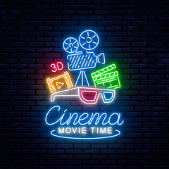 Bright neon sign for the cinema. Vector Illustration