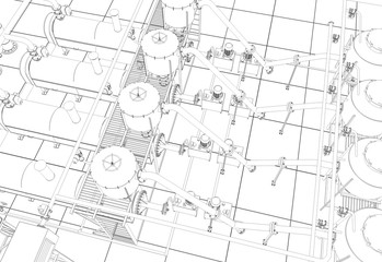 oil refinery, chemical production, waste processing plant, contour visualization, 3D illustration, sketch, outline