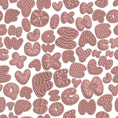 seamless background of Gingerbread letters with icing, letters of the alphabet from glaze, brown with pink on a white background, EPS 10 vector illustration