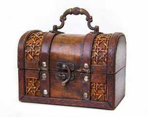 an old chest made of wood and leather with an iron handle and lock