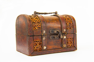 an old chest made of wood and leather with an iron handle and lock