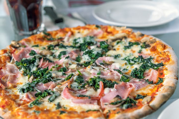 Pizza with Ham, Spinach and Mushrooms