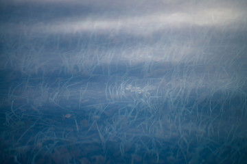 Amazing textured background of calm blue clean water surface. Vegetation on mountain lake bottom. Plants in water close-up. Beautiful ripples on shiny water. Wonderful relax texture. Clouds reflection