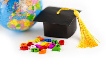 Math Number colorful with graduation gap hat and globe world on white background : Education study...