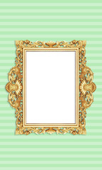 Gold Color Antique Vintage Classic Baroque Stylish Empty Photo Painting Frame in Grunge and Retro Background for Home Interior and Garden Furniture made from Wood and Metal