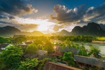 Landscape view beautiful sunset at vang vieng, Laos