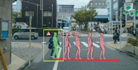 smart artificial intelligence in autonomous car with self driving technology concept, the car use predicting pedestrain movement in 3d for driverless car for understand a person will does next