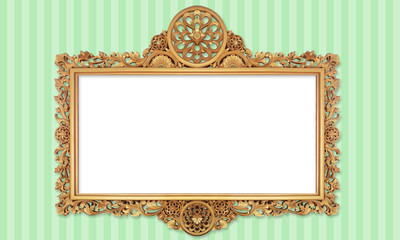 Gold Color Antique Vintage Classic Baroque Stylish Empty Photo Painting Frame in Grunge and Retro Background for Home Interior and Garden Furniture made from Wood and Metal