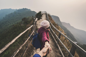 Hiking young couple traveler looking beautiful landscape, Travel lifestyle concept