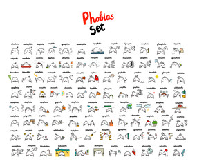 Set of different common human phobias hand drawn illustrations with cute marshmallow