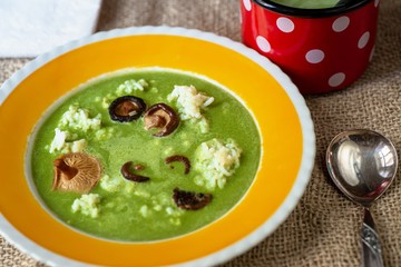 Rich spinach soup, pot and spoon.
