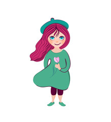 Vector avatar silhouette sticker. Spring girl with tulip in hand.