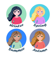 Vector of four avatars of stickers women. Four color types of women. Winter, spring, summer, autumn.