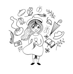 Vector black and white set of spring accessories. Girl spring with a tulip in her hand.