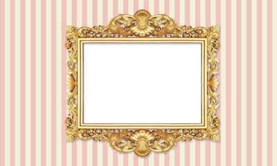 Gold Color Antique Vintage Classic Baroque Stylish Empty Photo Painting Frame in Grunge and Retro Background for Home Interior and Garden Furniture made from Wood and Metal