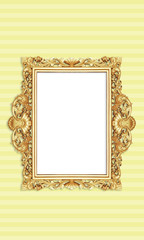 Gold Color Antique Vintage Classic Baroque Stylish Empty Photo Painting Frame in Grunge and Retro Background for Home Interior and Garden Furniture made from Wood and Metal