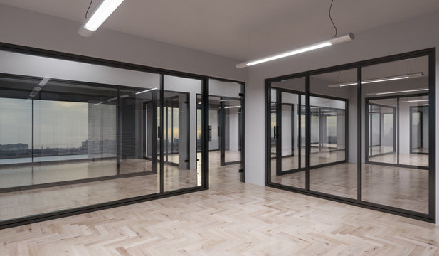 Illuminated Office Rooms with Glass Partitions 3D Rendering