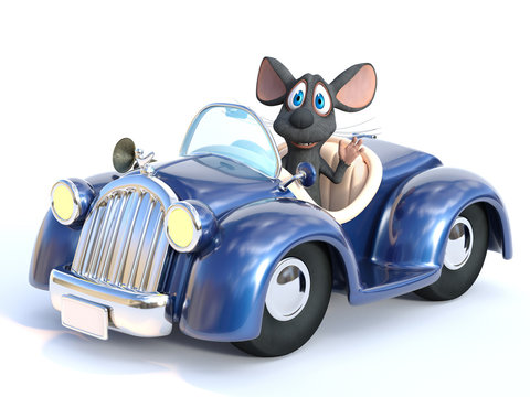 3D Rendering Of A Cartoon Mouse Driving A Car.