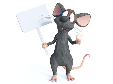 3D rendering of a cartoon mouse holding blank sign.