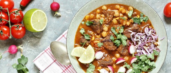 Beef Pozole. with beef and chickpeas. festive Mexican rich soup.